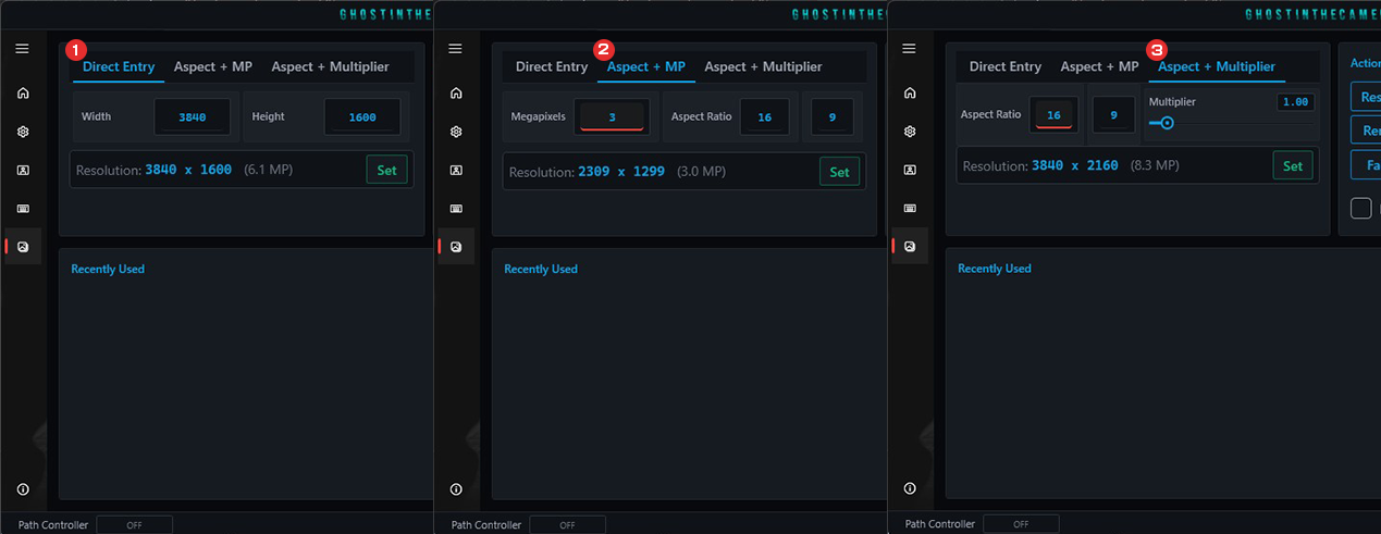 Hotsampling UI showing three input methods: Direct Entry, Aspect + Megapixel, and Aspect + Multiplier